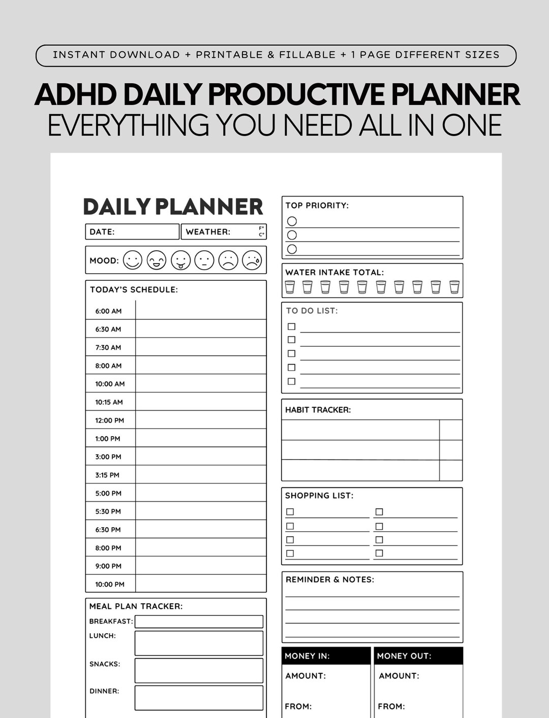 ADHD Daily Planner Printable & Fillable Template | Adult ADHD Planner ...