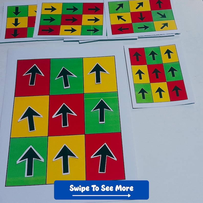 Puede incluir: Un conjunto de tarjetas coloridas con patrones de flechas. Cada tarjeta presenta una cuadr&iacute;cula de cuadrados rojos, verdes y amarillos, con flechas negras que apuntan en varias direcciones. El texto "Swipe To See More" se encuentra en la parte inferior.