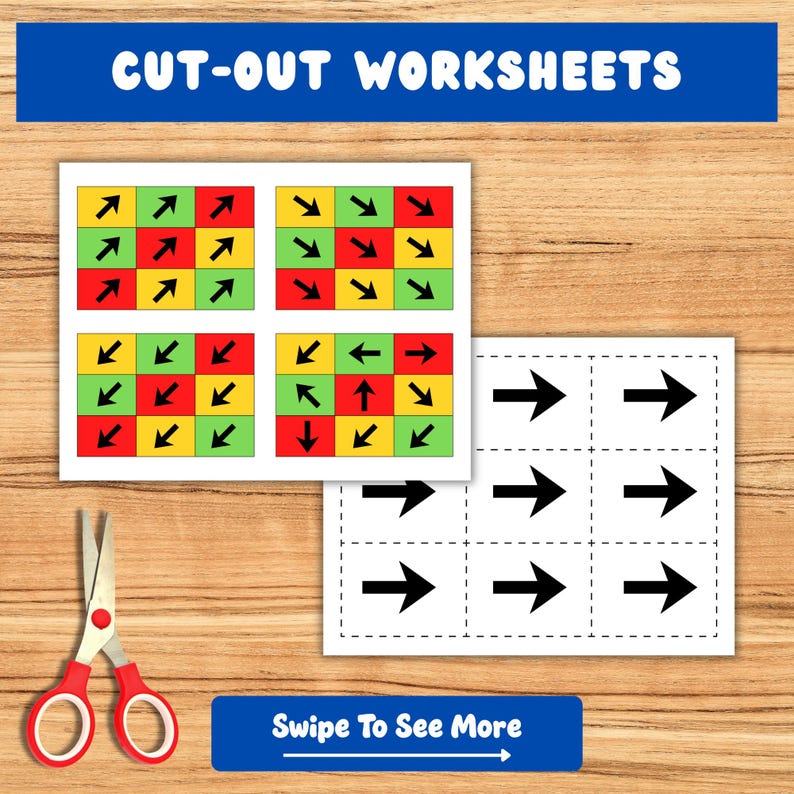 Puede incluir: Hojas de trabajo educativas con patrones de flechas en cuadrados rojos, verdes y amarillos. El texto "CUT-OUT WORKSHEETS" est&aacute; en la parte superior. Un par de tijeras con mango rojo est&aacute; a la izquierda. La parte inferior tiene una pancarta azul con "Swipe To See More".