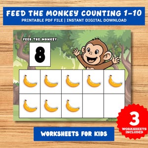 May include: A printable worksheet for kids with the text "FEED THE MONKEY COUNTING 1-10". The image features a cartoon monkey, the number 8, and bananas. The text "WORKSHEETS FOR KIDS" and "3 WORKSHEETS INCLUDED" are also present.