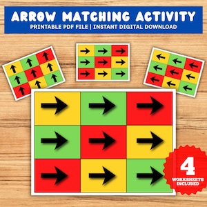 Puede incluir: Una actividad imprimible de emparejamiento de flechas con el texto "ARROW MATCHING ACTIVITY" y "PRINTABLE PDF FILE | INSTANT DIGITAL DOWNLOAD". La imagen muestra varias hojas de trabajo coloridas con flechas que apuntan en diferentes direcciones. Incluye 4 hojas de trabajo.