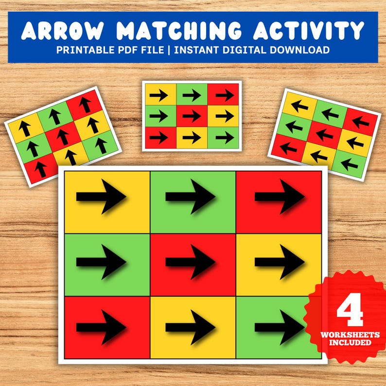 Puede incluir: Una actividad imprimible de emparejamiento de flechas con el texto "ARROW MATCHING ACTIVITY" y "PRINTABLE PDF FILE | INSTANT DIGITAL DOWNLOAD". La imagen muestra varias hojas de trabajo coloridas con flechas que apuntan en diferentes direcciones. Incluye 4 hojas de trabajo.