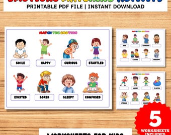 Actividad de emparejar emociones, tarjetas imprimibles de emparejar emociones, educación emocional.