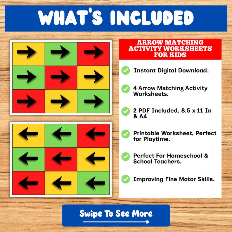 Puede incluir: Hojas de trabajo de actividades de emparejamiento de flechas para ni&ntilde;os. La imagen muestra dos hojas de trabajo de actividades de emparejamiento de flechas con una cuadr&iacute;cula de cuadrados de colores y flechas negras. El texto dice "What's Included" y "Swipe To See More".