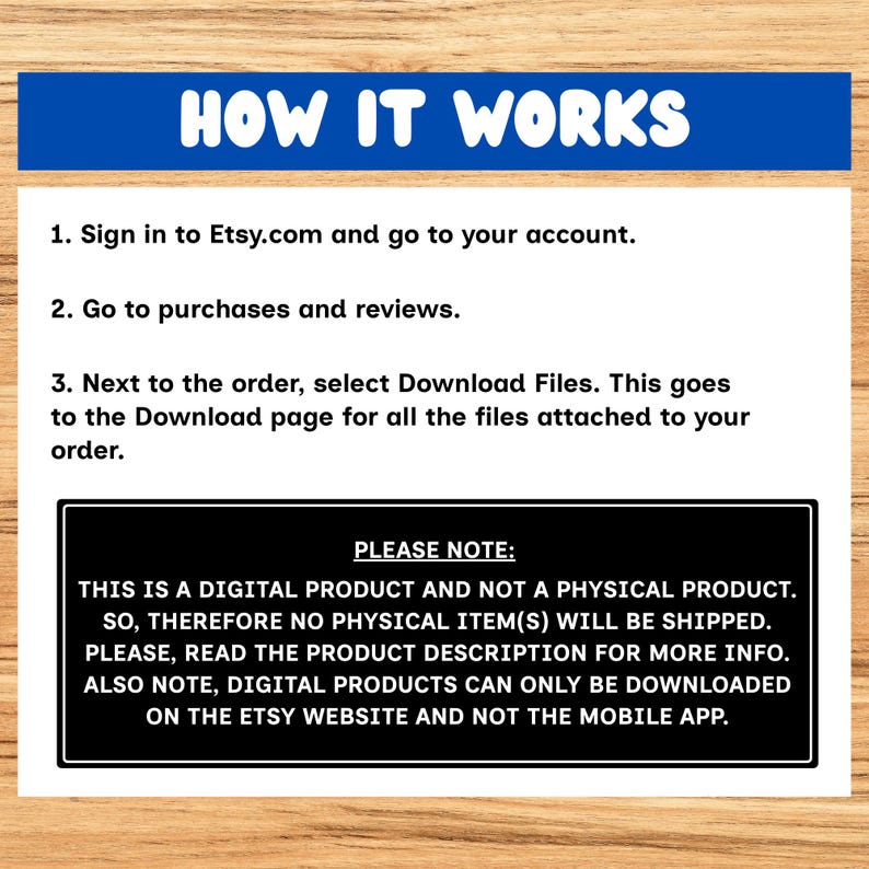 Puede incluir: Gr&aacute;fico con el texto "HOW IT WORKS" en blanco sobre una pancarta azul. Las instrucciones detallan c&oacute;mo descargar un producto digital de Etsy, incluyendo iniciar sesi&oacute;n, ir a compras y seleccionar archivos de descarga. Una nota aclara que es un producto digital.