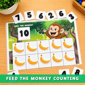Feed the Monkey Counting, Banana Counting Printable Activity, Count & Match Bananas, Preschool Math Game,.
