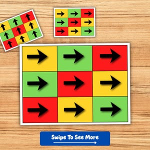 Puede incluir: Tres tarjetas con dise&ntilde;os de flechas sobre una superficie de madera. La tarjeta m&aacute;s grande tiene una cuadr&iacute;cula de 3x3 de cuadrados de colores con flechas negras que apuntan hacia la derecha. Las otras dos tarjetas tienen diferentes patrones de flechas. El texto "Swipe To See More".