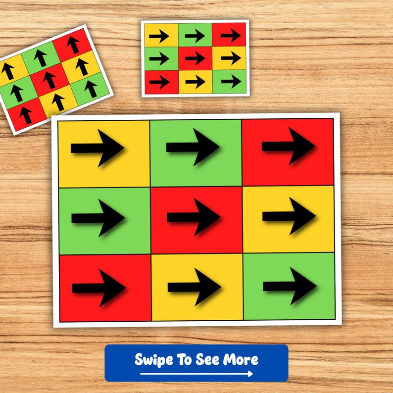 Puede incluir: Tres tarjetas con dise&ntilde;os de flechas sobre una superficie de madera. La tarjeta m&aacute;s grande tiene una cuadr&iacute;cula de 3x3 de cuadrados de colores con flechas negras que apuntan hacia la derecha. Las otras dos tarjetas tienen diferentes patrones de flechas. El texto "Swipe To See More".