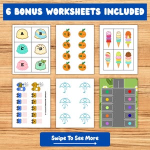 Puede incluir: Una colecci&oacute;n de seis hojas de trabajo educativas para ni&ntilde;os, con ilustraciones coloridas. Las hojas de trabajo incluyen bolas de helado, naranjas con n&uacute;meros, conos de helado, actividades de emparejamiento y una escena de carretera con c&iacute;rculos de colores. El texto "6 BONUS WORKSHEETS INCLUDED" est&aacute; en la parte superior.