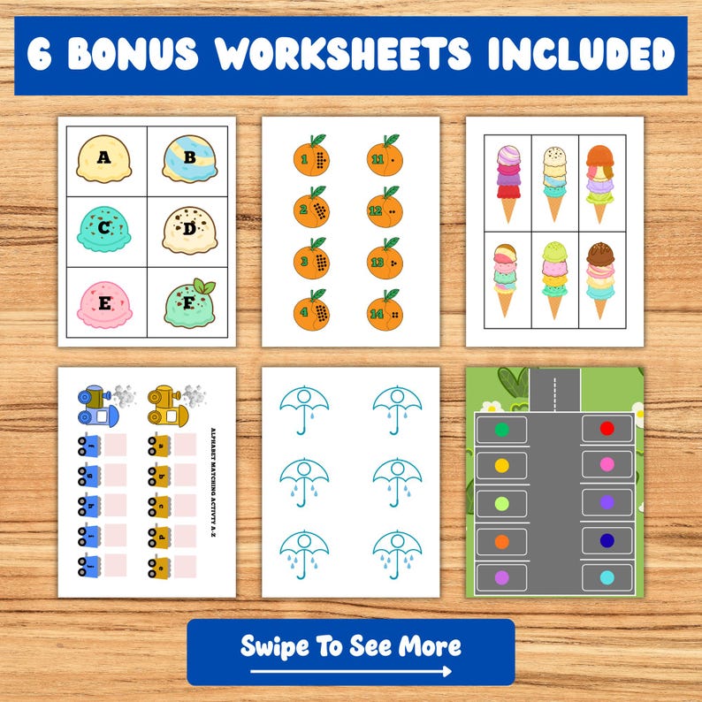 Puede incluir: Una colecci&oacute;n de seis hojas de trabajo educativas para ni&ntilde;os, con ilustraciones coloridas. Las hojas de trabajo incluyen bolas de helado, naranjas con n&uacute;meros, conos de helado, actividades de emparejamiento y una escena de carretera con c&iacute;rculos de colores. El texto "6 BONUS WORKSHEETS INCLUDED" est&aacute; en la parte superior.