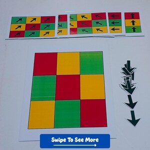 Puede incluir: Un conjunto de tarjetas cuadradas coloridas con flechas y patrones de color. La tarjeta principal tiene una cuadr&iacute;cula de 3x3 de cuadrados rojos, amarillos y verdes. Tarjetas adicionales muestran direcciones de flechas y patrones. El texto "Swipe To See More" est&aacute; en una pancarta azul.