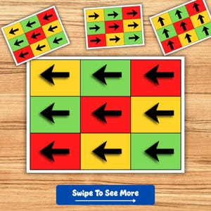 Puede incluir: Un conjunto de tarjetas coloridas con flechas direccionales. Las tarjetas presentan un patr&oacute;n de cuadr&iacute;cula con cuadrados rojos, amarillos y verdes. El texto "Swipe To See More" est&aacute; en un rect&aacute;ngulo azul.