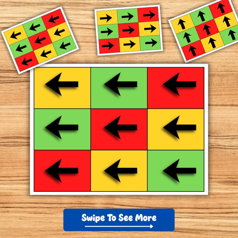 Puede incluir: Un conjunto de tarjetas coloridas con flechas direccionales. Las tarjetas presentan un patr&oacute;n de cuadr&iacute;cula con cuadrados rojos, amarillos y verdes. El texto "Swipe To See More" est&aacute; en un rect&aacute;ngulo azul.