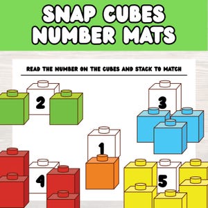 Könnte beinhalten: Ein farbenfrohes Arbeitsblatt mit dem Titel "SNAP CUBES NUMBER MATS". Das Arbeitsblatt zeigt Illustrationen von nummerierten Würfeln in verschiedenen Farben, darunter Grün, Blau, Rot, Orange und Gelb. Der Text fordert die Benutzer auf, die Würfel zuzuordnen und zu stapeln.