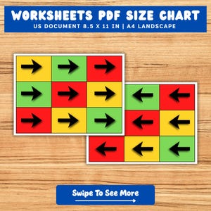 Puede incluir: Dos hojas de c&aacute;lculo con una cuadr&iacute;cula de cuadrados de colores y flechas negras. Los cuadrados son amarillos, verdes y rojos. El banner superior dice "WORKSHEETS PDF SIZE CHART". El banner inferior dice "Swipe To See More".