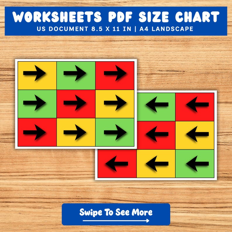 Puede incluir: Dos hojas de c&aacute;lculo con una cuadr&iacute;cula de cuadrados de colores y flechas negras. Los cuadrados son amarillos, verdes y rojos. El banner superior dice "WORKSHEETS PDF SIZE CHART". El banner inferior dice "Swipe To See More".