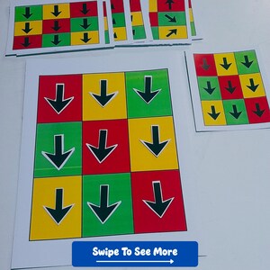 Puede incluir: Tarjetas con una cuadr&iacute;cula de cuadrados de colores, rojo, verde y amarillo, cada uno con una flecha negra que apunta hacia abajo. El texto "Swipe To See More" est&aacute; en la parte inferior de la imagen. Varias tarjetas son visibles, algunas con diferentes direcciones de flecha.