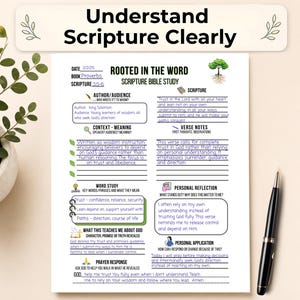 May include: A white A4 paper with the title "Understand Scripture Clearly" and the text "Rooted in the Word Scripture Bible Study." The study includes sections on scripture, verse notes, and personal reflection.