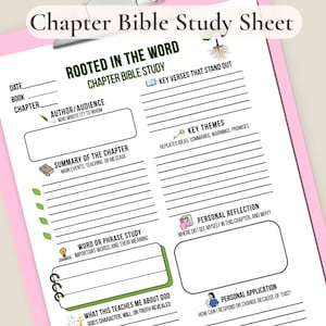 May include: A pink clipboard holds a white Chapter Bible Study Sheet. The sheet includes sections for chapter details, key verses, themes, and personal reflection. Text includes "Rooted in the Word" and "Chapter Bible Study Sheet".