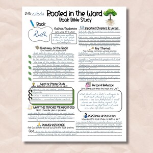 May include: A handwritten Bible study guide titled "Rooted in the Word" for the Book of Ruth. The study includes an overview, key themes, and personal reflection prompts. The page is filled with notes, highlighted text, and illustrations.