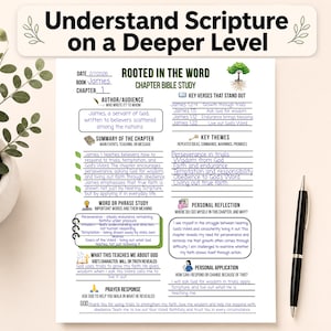 May include: A white paper with handwritten notes titled "Rooted in the Word Chapter Bible Study." The study includes key verses, themes, and personal reflection prompts. A black pen rests on the right side.