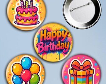 Verjaardagsknopspeldset • Kleurrijke feestbadges, gunsten (4 stuks)