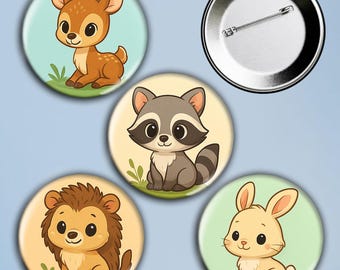 キッズピンセット 4個セット - 森の動物：鹿、アライグマ、ハリネズミ、ウサギ - 子供向けのかわいい漫画ピン