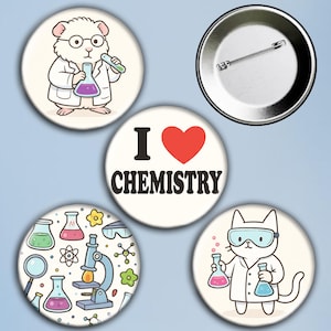 Chemist Badge Set • 4 Pins • Cute Chemistry Buttons • Science Pins • STEM Student Gift • Lab Worker Badge Set