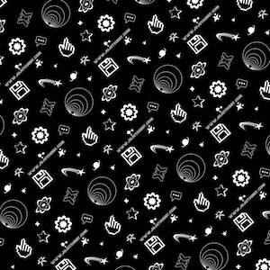 May include: A black background featuring a repeating white pattern of stars, flowers, atom symbols, computer cursors, chat bubbles, and floppy disks. The design also includes comet trails and concentric circles. The website address www.JUJUTSUBBY.COM is repeated throughout.