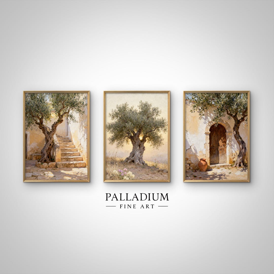 Mediterranean Olive Tree Wall Art Set of 3, Rustic Coastal Prints ...