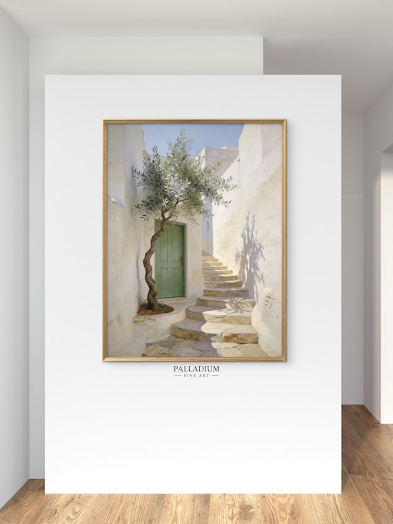 Mediterranean Olive Tree Oil Painting Print, Rustic Greek Alley Wall Art, Fine Art Paper