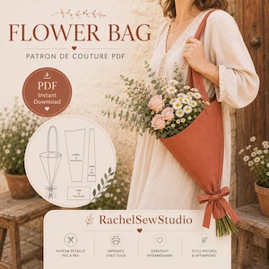 May include: A PDF sewing pattern for a cone-shaped flower bag in a terracotta color. The design features a long strap and a tied ribbon base. The image includes text labels such as FLOWER BAG, PATRON DE COUTURE PDF, and RachelSewStudio.