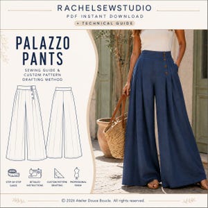 Peut inclure: Un patron de couture numérique pour pantalon palazzo par RachelSewStudio, incluant un guide technique, une méthode de traçage sur mesure et des instructions étape par étape. L'image montre un pantalon bleu marine large à taille haute.