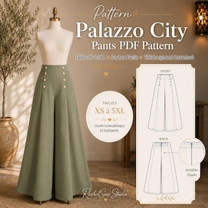 May include: A PDF sewing pattern for Palazzo City trousers, featuring a mannequin wearing sage green wide-leg trousers with a high waist and double rows of gold buttons. Includes technical line drawings of the front and back views with an invisible zipper detail, labelled with sizes XS to 5XL.