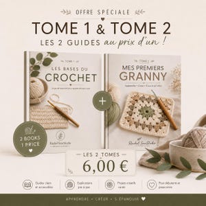 Puede incluir: Dos libros instructivos titulados Tome 1 Les Bases du Crochet y Tome 2 Mes Premiers Granny de Rachel SewStudio. Las portadas muestran ganchillos, ovillos de lana y un cuadrado granny. El texto incluye 2 BOOKS 1 PRICE y 6,00 €.