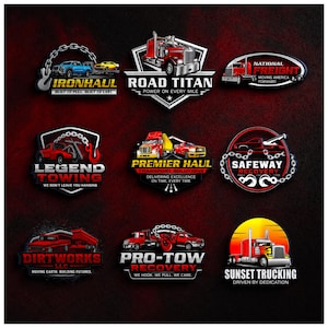May include: A collection of nine distinct trucking and towing company logos featuring illustrations of semi-trucks, tow trucks, and chains. Each logo includes bold text such as Ironhaul, Road Titan, National Freight, Legend Towing, Premier Haul, Safeway Recovery, Dirtworks LLC, Pro-Tow Recovery, and Sunset Trucking.