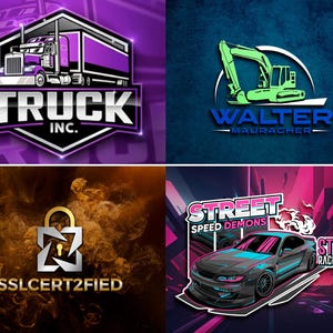 May include: Four logos on a purple and blue background. The logos include a purple semi-truck with the text "TRUCK INC.", a green excavator with the name "WALTER", a gold lock with the text "SSLCERT2FIED", and a car with the text "STREET SPEED DEMONS".