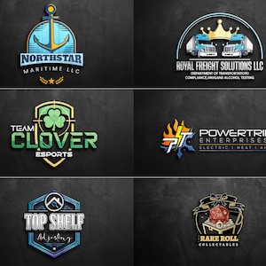 Könnte beinhalten: Eine Sammlung von Logos auf dunklem Hintergrund. Die Logos zeigen einen Anker, zwei LKWs mit Kronen, ein Kleeblatt, Flammen und ein Regal. Jedes Logo hat ein einzigartiges Design und Text, die verschiedene Unternehmen repräsentieren.