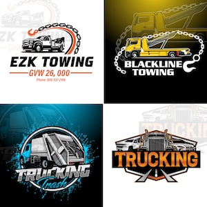 Puede incluir: Cuatro logotipos para servicios de remolque y transporte. Los logotipos presentan grúas, un camión de basura y camiones. Los logotipos utilizan una variedad de colores, incluyendo negro, blanco, naranja, amarillo y azul. Cada logotipo incluye el nombre de la empresa.