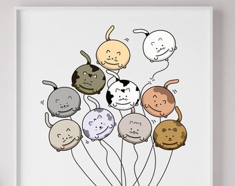 Cats and Balloons Print, Cute Nursery Wall Art