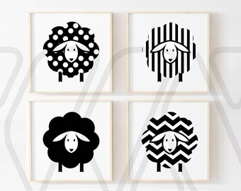 Sheep Print Set: Geometric Nursery Wall Art, Black and White (Set of 4)