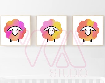 Sheep, Print Illustration, Set of 3, Wall Art, Nursery Art, Decor, Cute, adorable, sweet dreams, cloud, watercolor, modern, customizable