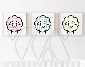 Sheep Print Set of 3: Modern Geometric Nursery Wall Art