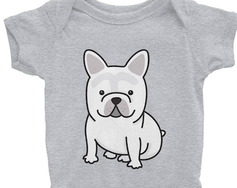 French Bulldog Unisex Baby Onesie. Also available with brown and gray dogs as well as on men's and women's shirts. France, beret, frenchie,