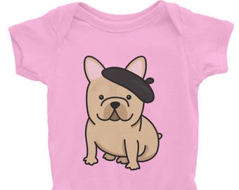 French Bulldog Unisex Baby Onesie wearing a Beret . Also available in other colors and men's and women's shirts. France, beret, frenchie,