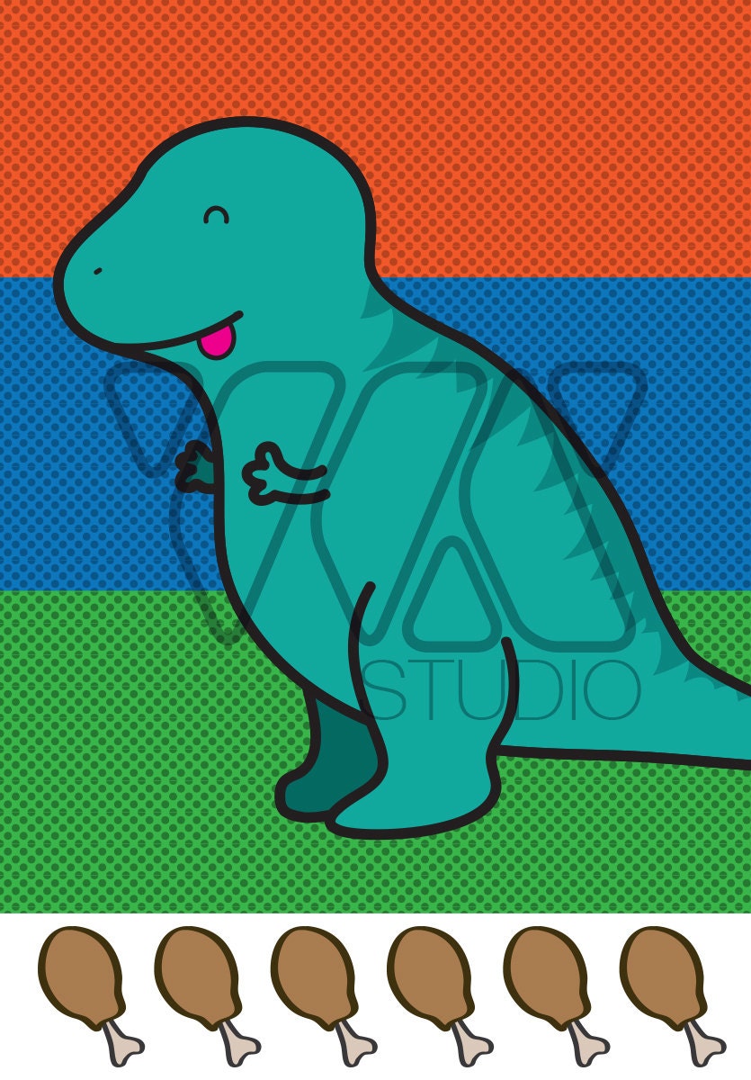 Pin the Drumstick on the T-Rex -  Dinousaur Animal Theme Fun Family Party Game - Children or Adults - Illustration