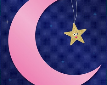 Pin the Star on the Moon - Cute Theme Party Game - Children or Adults - Illustration - Twinkle Little Star