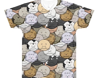 Chubby Cat Pattern T-shirt - LA Apparel Crew Neck
