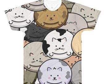 Chubby Cat Pattern T-Shirt: LA Apparel Crew Neck