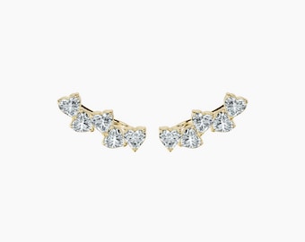 14K Heart Ear Climber, 2ct Heart Lab Grown Diamond Earring, Mini Studs For Gift, Gold Crawler, Modern Minimalist Jewelry Gift, Curved Studs